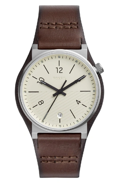 Shop Fossil Barstow Leather Strap Watch, 42mm In Brown/ Cream/ Silver