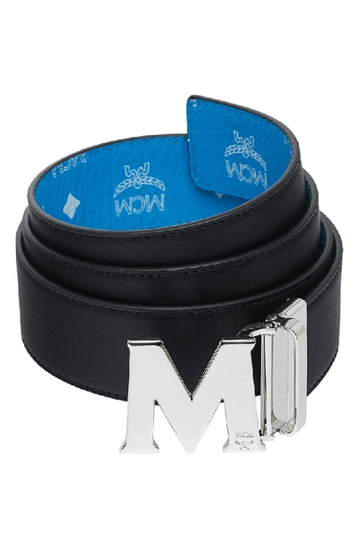 Shop Mcm Visetos Reversible Belt In White Logo T. Blue