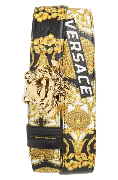 Shop Versace Baroque Print Leather Belt In Black White And Gold