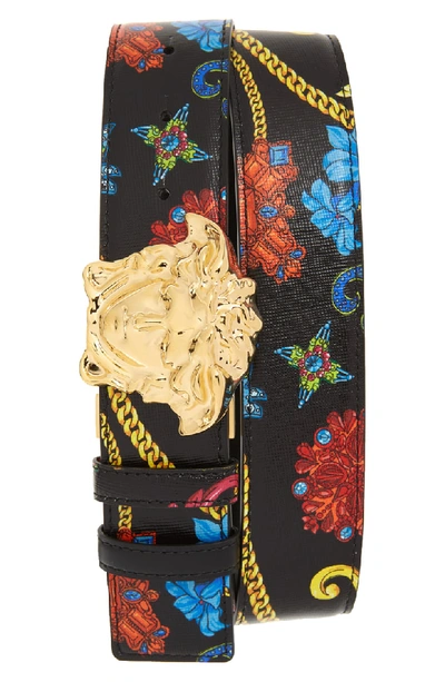 Shop Versace Print Medusa Buckle Leather Belt In Black Hot Gold