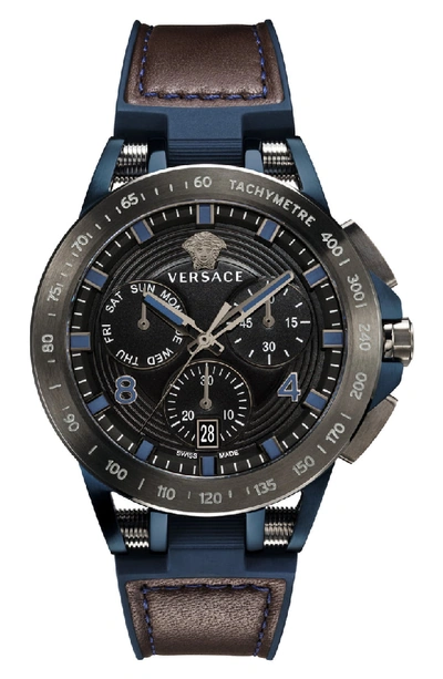 Shop Versace Sport Tech Chronograph Leather Strap Watch, 45mm In Blue/ Black/ Silver