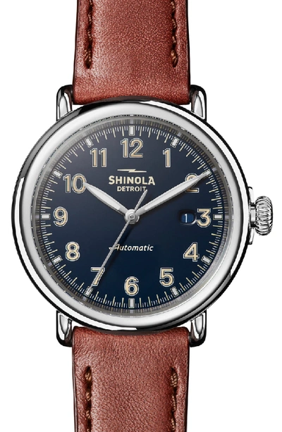 Shop Shinola Runwell Automatic Leather Strap Watch, 45mm In Dark Cognac / Blue/ Silver