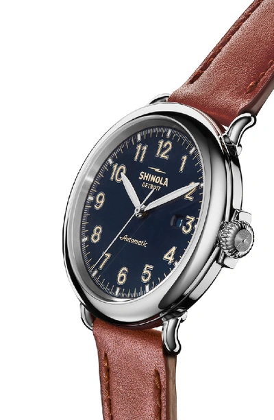Shop Shinola Runwell Automatic Leather Strap Watch, 45mm In Dark Cognac / Blue/ Silver