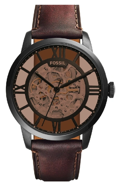 Shop Fossil 'townsman' Automatic Leather Strap Watch, 44mm In Brown/ Amber
