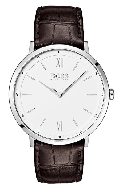 Shop Hugo Boss Essential Ultra Slim Leather Strap Watch, 40mm In White