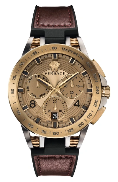 Shop Versace Sport Tech Chronograph Leather Strap Watch, 45mm In Burgundy/ Bronze