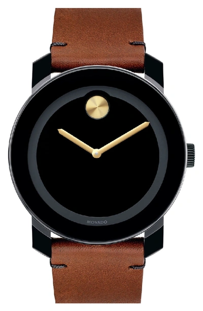 Shop Movado 'bold' Leather Strap Watch, 42mm In Brown/ Black/ Gold