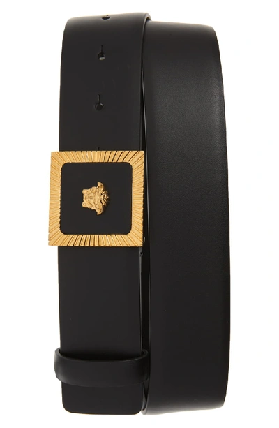 Shop Versace Square Buckle Leather Belt In Black Tribute Gold