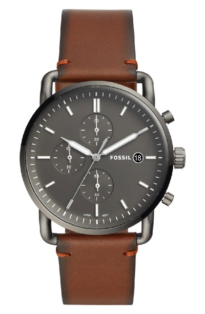 Shop Fossil The Commuter Chronograph Leather Strap Watch, 42mm In Brown/ Grey/ Smoke