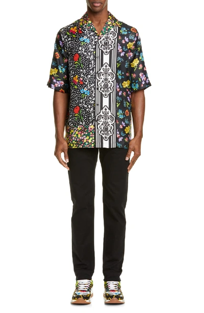 Shop Versace Mixed Print Silk Sport Shirt In Black Multi