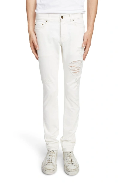 Shop Saint Laurent Slim Fit Distressed Jeans In White Stonewash