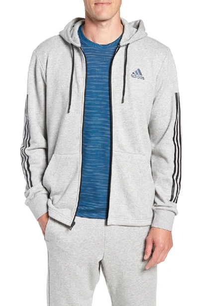 Shop Adidas Originals 3-stripes Full Zip Hoodie In Medium Grey Heather/ Black
