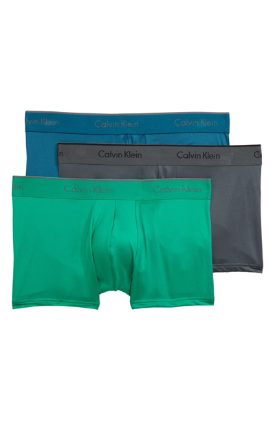 Shop Calvin Klein 3-pack Micro Stretch Trunks In Iron Gate/ Blue/ Tourney