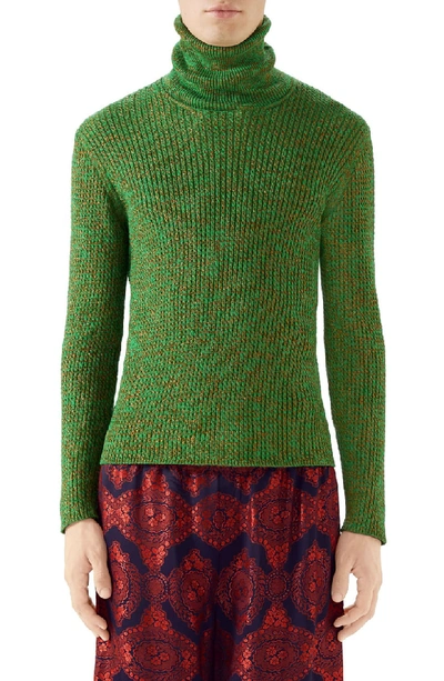 Shop Gucci Metallic Cotton Blend Rib Turtleneck Sweater In Yard Multi Color