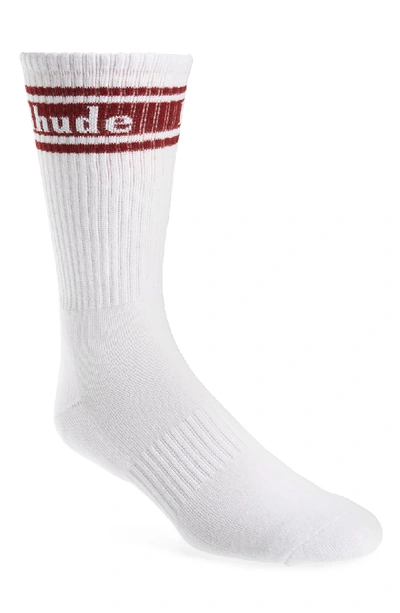Shop Rhude Logo Stripe Rib Crew Socks In Burgundy/ White