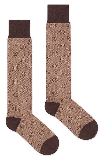 Shop Gucci Gg Knee-high Socks In Dark Brown Beige