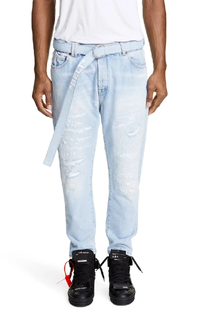 Shop Off-white Belted Slim Fit Jeans In Light Blue/white