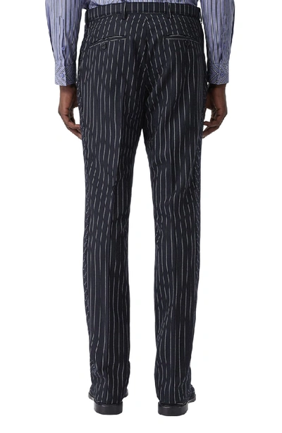 Shop Burberry Pinstripe Straight Leg Wool Dress Pants In Dark Navy White