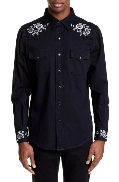 Shop Saint Laurent Embroidered Western Shirt In Black Rinse