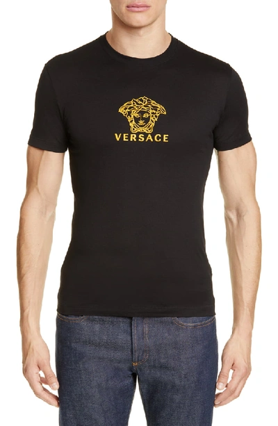 Shop Versace Medusa Embroidered T-shirt In Black Gold
