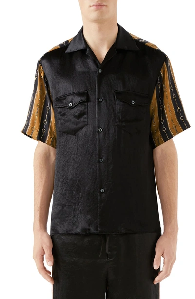 Shop Gucci Mixed Media Bowling Shirt In Black Multi Color