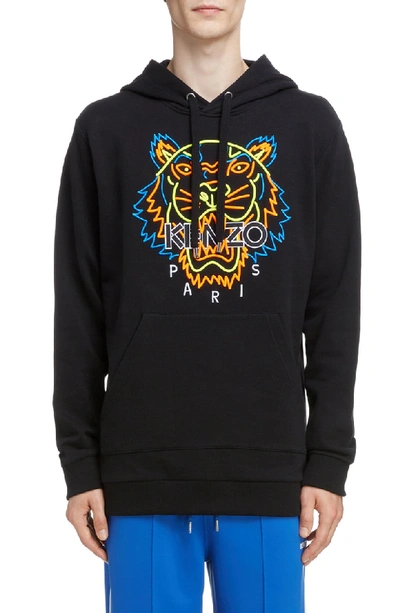 Shop Kenzo Neon Tiger Embroidered Hoodie In Black