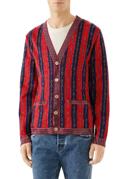 Shop Gucci Horsebit Stripe Cotton Blend Cardigan In Inchiostro Multi Color