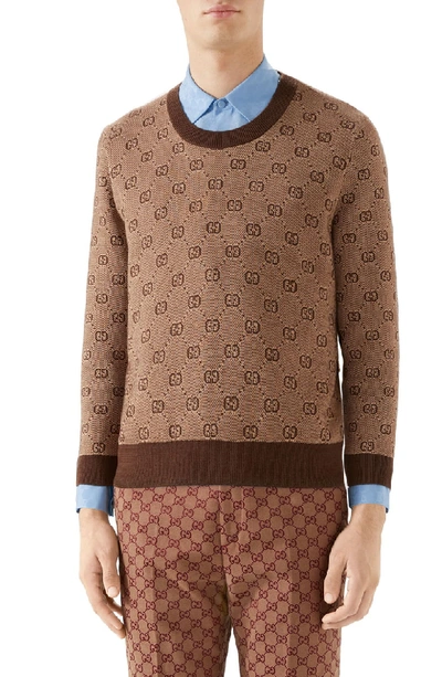 Shop Gucci Gg Jacquard Wool & Cotton Sweater In Camel Multi Color