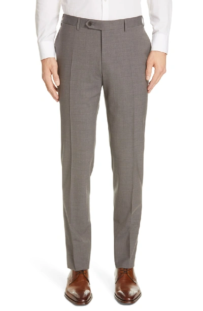 Shop Canali Flat Front Classic Fit Solid Stretch Wool Dress Pants In Dark Green
