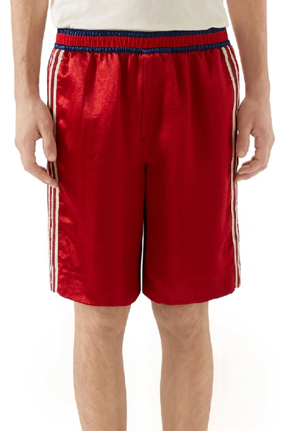 Shop Gucci Skull Embroidered Satin Shorts In Live Red Multicolor