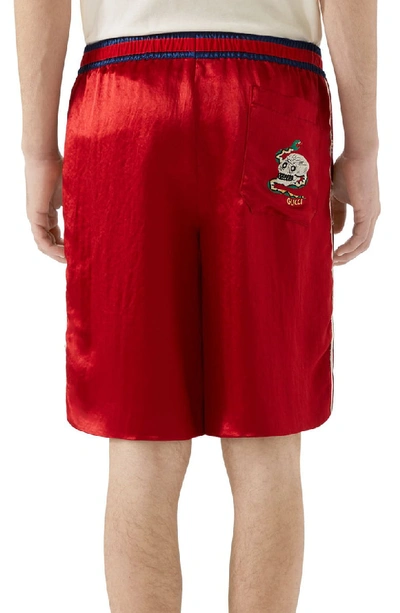 Shop Gucci Skull Embroidered Satin Shorts In Live Red Multicolor