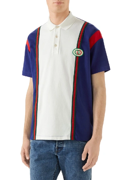 Shop Gucci Logo Patch Oversize Colorblock Cotton Polo In Inchiostro Milk