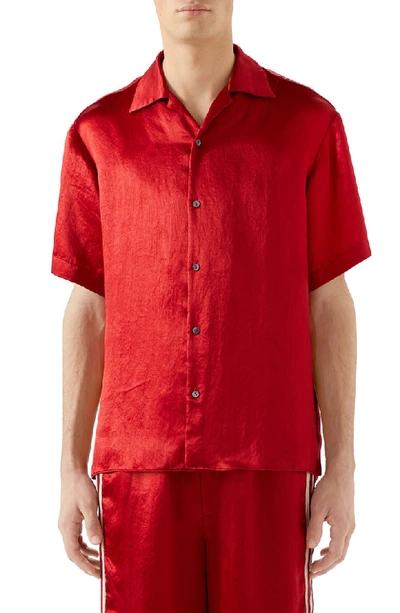 Shop Gucci Skull Embroidered Satin Bowling Shirt In Live Red