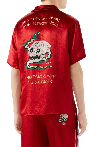 Shop Gucci Skull Embroidered Satin Bowling Shirt In Live Red