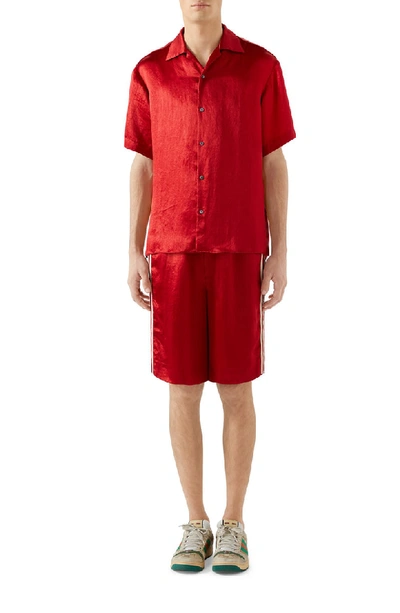 Shop Gucci Skull Embroidered Satin Bowling Shirt In Live Red