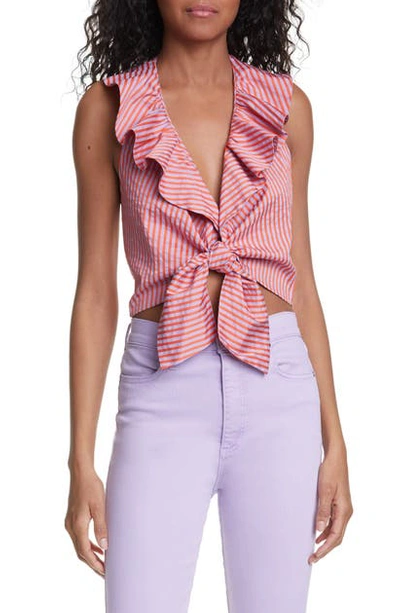 Shop Alice And Olivia Dannette Ruffle Tie Front Crop Top In Lavender/ Neon Peach