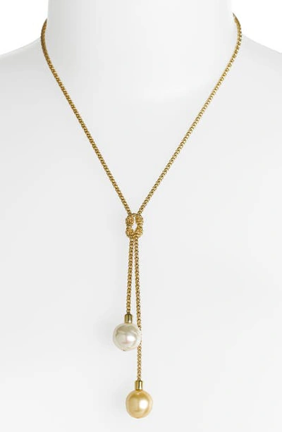 Shop Majorica 'love Knot' 14mm Pearl Lariat Necklace In Silver