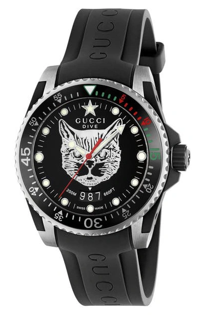 Shop Gucci Diver Cat Rubber Strap Watch, 40mm In Black/ Silver