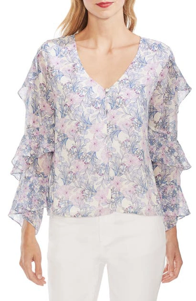 Shop Vince Camuto Charming Floral Tiered Sleeve Top In Pearl Ivory