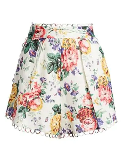 Shop Zimmermann Allia Pleated High-waist A-line Shorts In White Floral