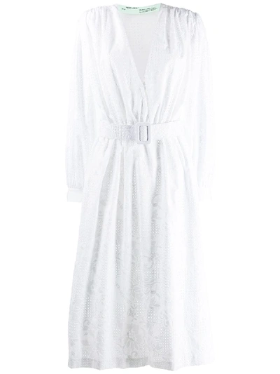 Shop Off-white Embroidered Belted Dress In White