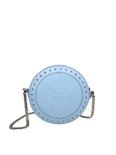 Shop Balmain Disc Shoulder In Calf Leather Color Celeste In Blue