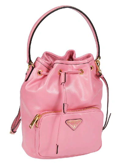 Shop Prada Logo Plaque Bucket Bag In Pink