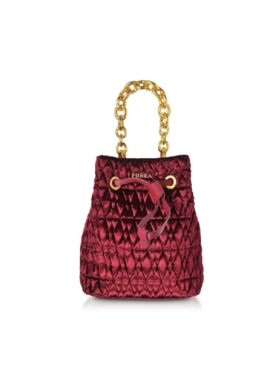 Shop Furla Quilted Velvet Stacy Cometa Mini Drawstring Bucket Bag In Red