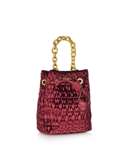 Shop Furla Quilted Velvet Stacy Cometa Mini Drawstring Bucket Bag In Red