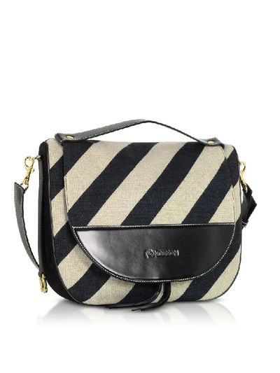 Shop Jw Anderson Black And Off White Striped Linen Moon Shoulder Bag In Black/white