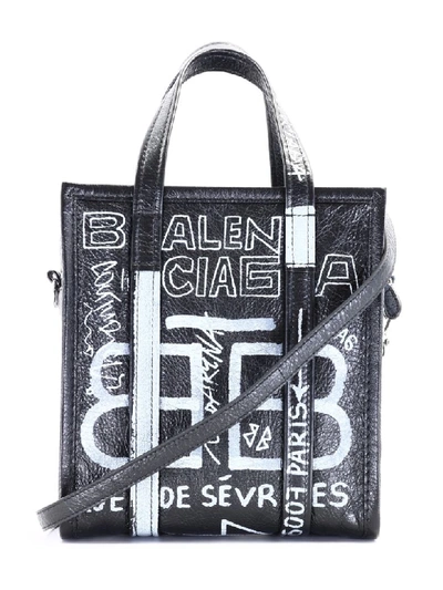 Shop Balenciaga Shopper Bazar Graffiti Xs In Black/white