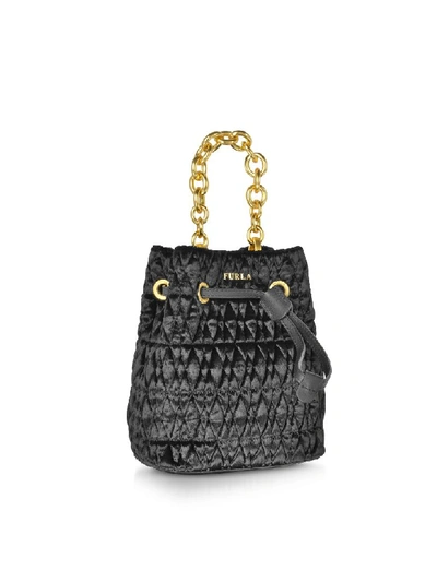 Shop Furla Quilted Velvet Stacy Cometa Mini Drawstring Bucket Bag In Black Onyx