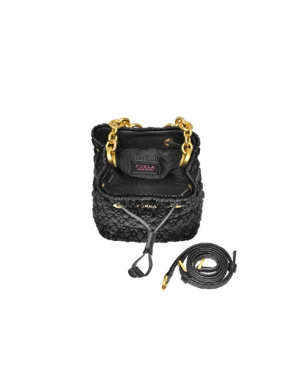 Shop Furla Quilted Velvet Stacy Cometa Mini Drawstring Bucket Bag In Black Onyx