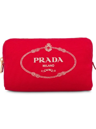Shop Prada Logo Clutch In Rosso+talco